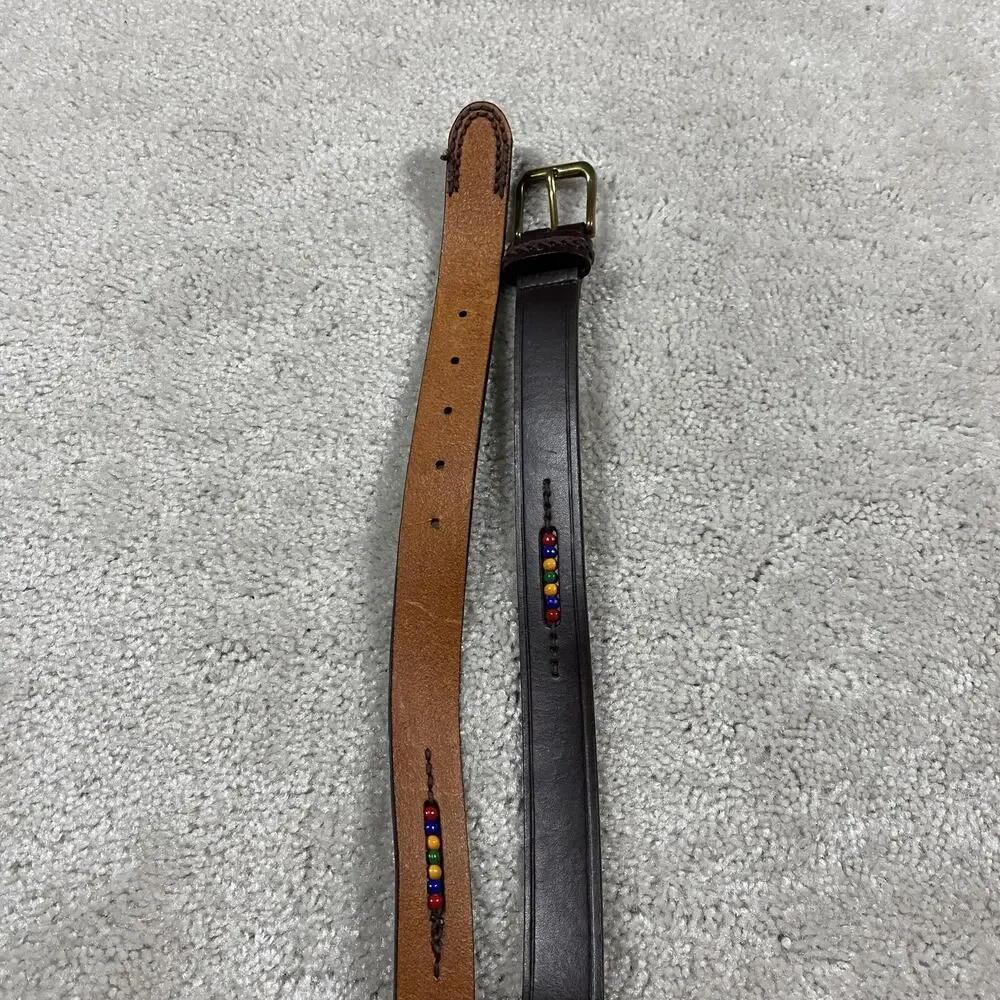 NY&CO Leather Belt Womens L Brown Beaded Boho Western Brass Buckle Indie Cowgirl